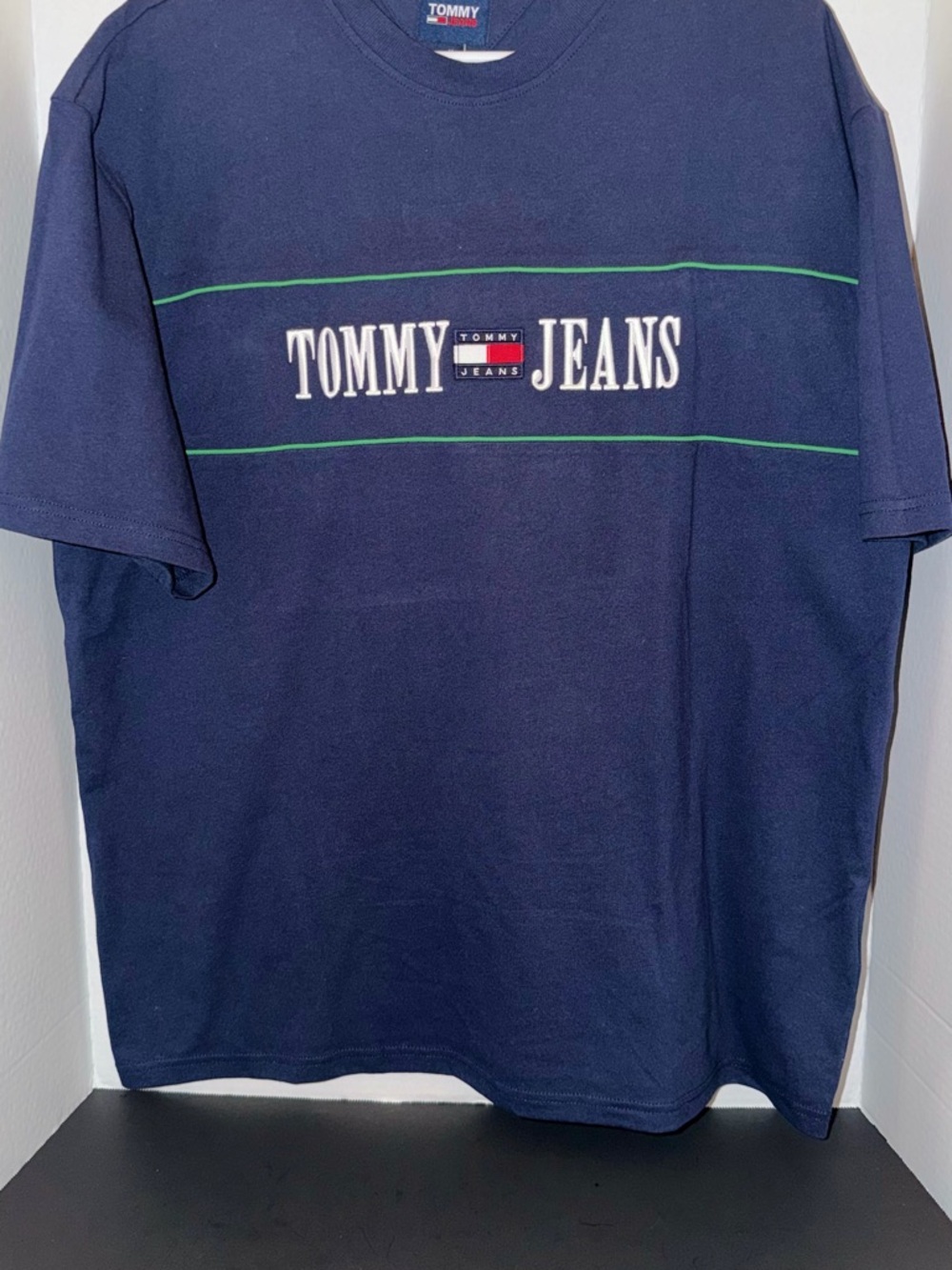 Tommy Hilfiger Navy Short Sleeve Tee with Green Pinstripes